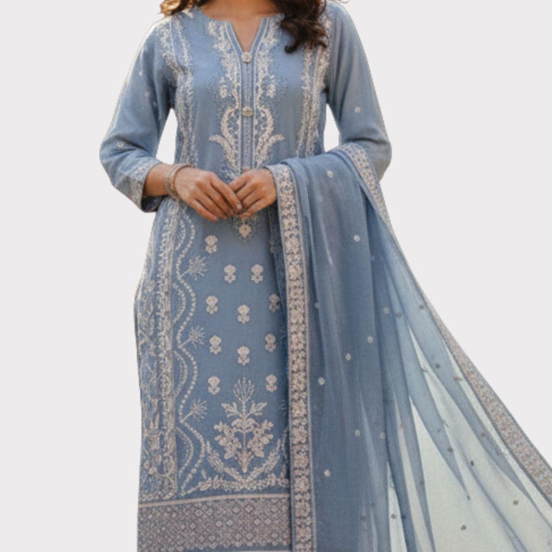 Light Blue Chiffon 3 Piece Suit | Shirt with Dupatta | Ready to Wear Pakistani Dress | Embroidered Formal Salwar Kameez for Women