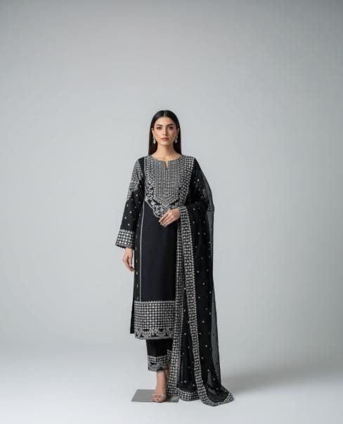 Black Embroidered 3 Pcs Pakistani Dress | Shalwar Kameez with Chiffon Dupatta | Elegant South Asian Formal Wear