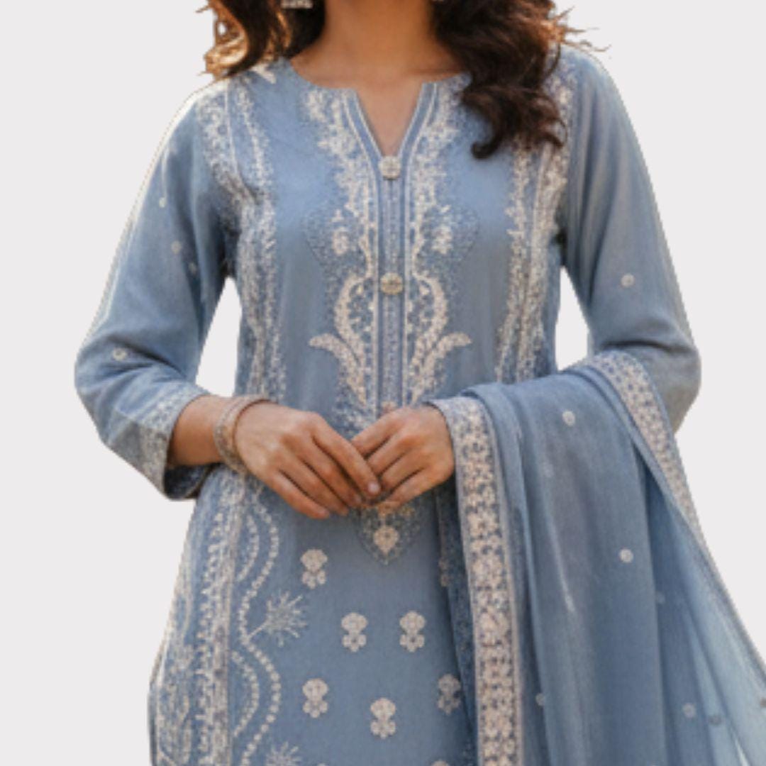 Light Blue Chiffon 3 Piece Suit | Shirt with Dupatta | Ready to Wear Pakistani Dress | Embroidered Formal Salwar Kameez for Women