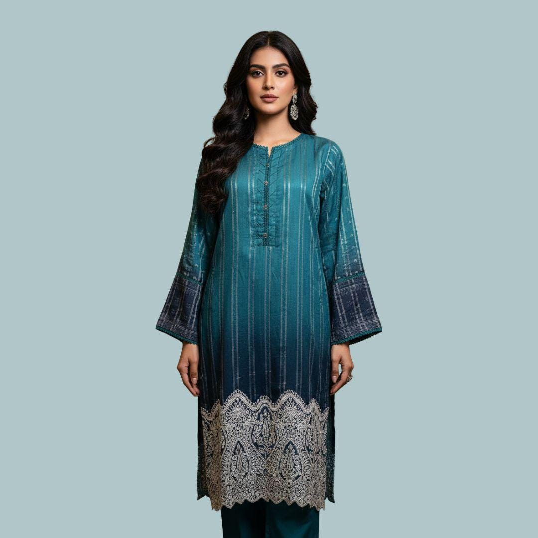 Teal Embroidered Pakistani 3 Piece Kurta Set for Women | Elegant Long Kurta with White Lace Hem | South Asian Formal Wear