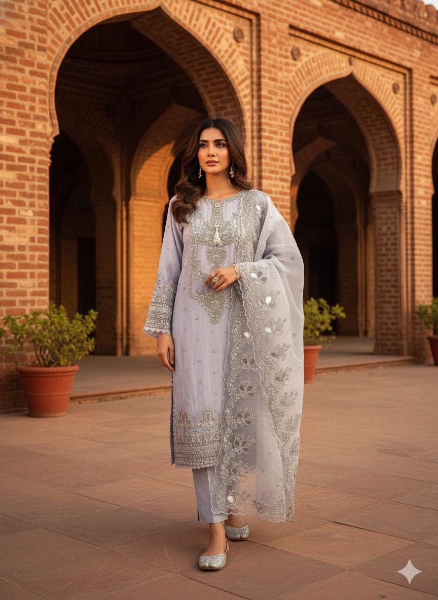 Pakistani Chiffon 3 Piece Suit | Embroidered Shirt with Organza Dupatta | Ready to Wear Salwar Kameez for Women
