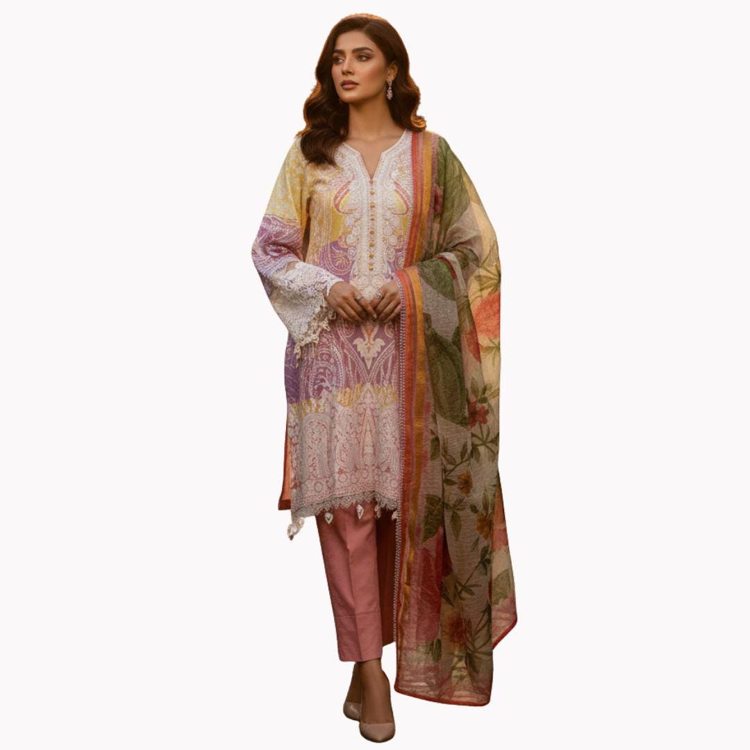 Pastel Printed Pakistani 3 Piece Suit for Women – Floral Salwar Kameez with Dupatta – Eid Outfit, Indian Ethnic Wear
