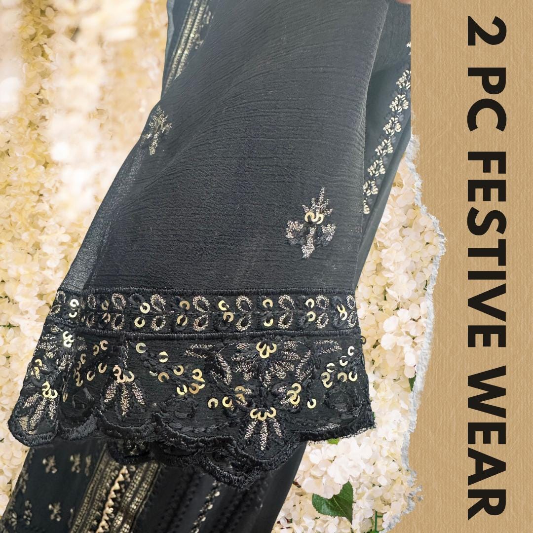 2 Pc Black Embroidered Chiffon Formal Wedding Suit | Pakistani Wedding Dress | Luxury Sequin Outfit | Festive Wear