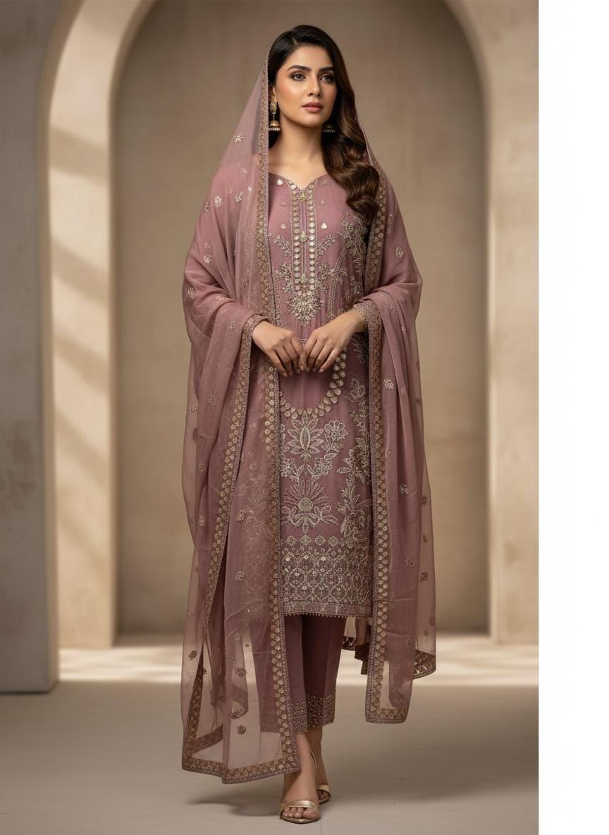 Tea Pink Chiffon 3 Piece Suit | Embroidered Shirt with Dupatta | Ready to Wear Pakistani Dress | Embroidered Formal Salwar Kameez for Women