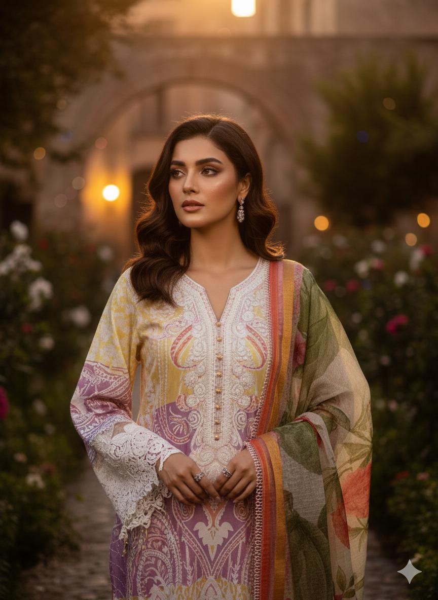 Pastel Printed Pakistani 3 Piece Suit for Women – Floral Salwar Kameez with Dupatta – Eid Outfit, Indian Ethnic Wear