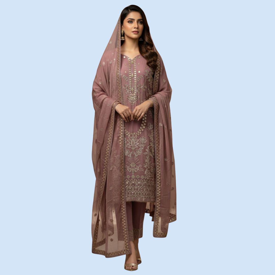 Tea Pink Chiffon 3 Piece Suit | Embroidered Shirt with Dupatta | Ready to Wear Pakistani Dress | Embroidered Formal Salwar Kameez for Women