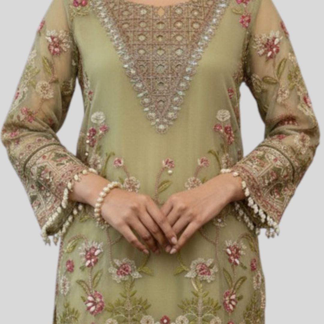 Sage Green Embroidered Pakistani 3 Piece Suit – Luxury Salwar Kameez with Dupatta – Eid Outfit, Wedding Guest Dress