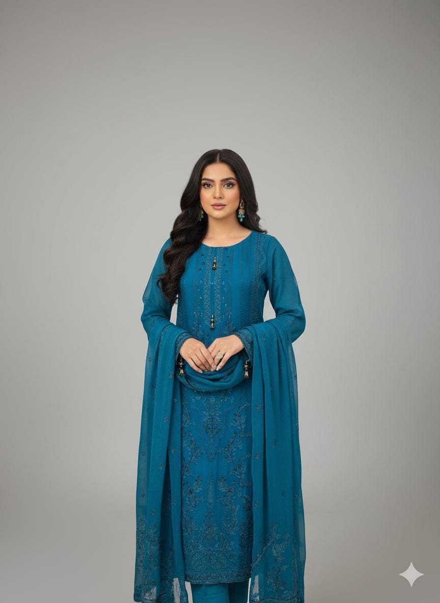 Deep Teal Blue Embroidered Chiffon Suit | Pakistani Formal Dress with Dupatta | Elegant Evening Wear | Festive & Semi-Formal Outfit