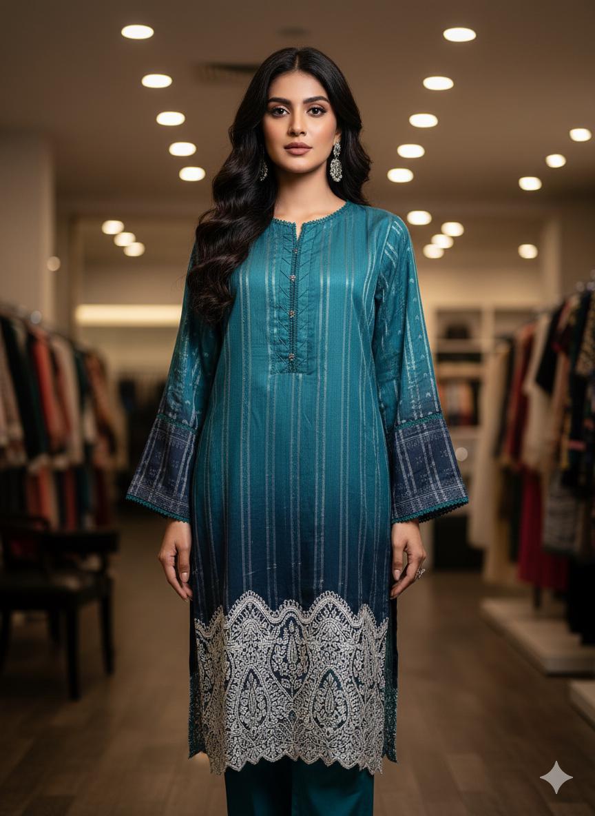 Teal Embroidered Pakistani 3 Piece Kurta Set for Women | Elegant Long Kurta with White Lace Hem | South Asian Formal Wear