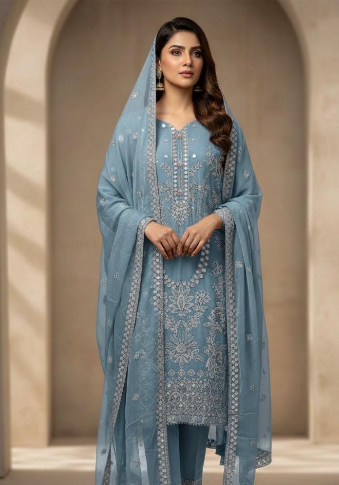 Light Blue Chiffon 3 Piece Suit | Shirt with Dupatta | Ready to Wear Pakistani Dress | Embroidered Formal Salwar Kameez for Women