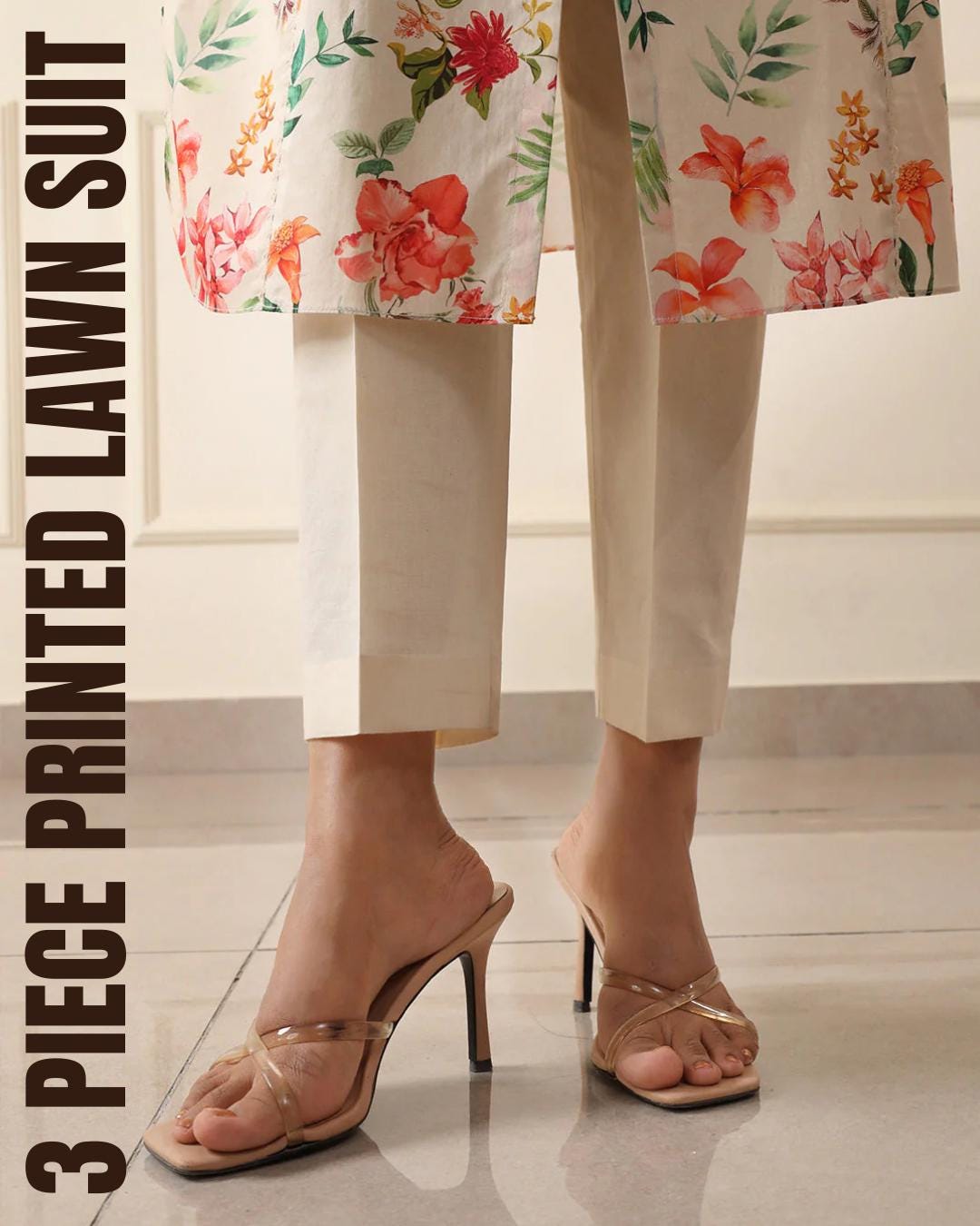 Printed Lawn 3 Piece Suit | Shirt, Dupatta & Trouser Beige With Turquoise and Lilac Palette