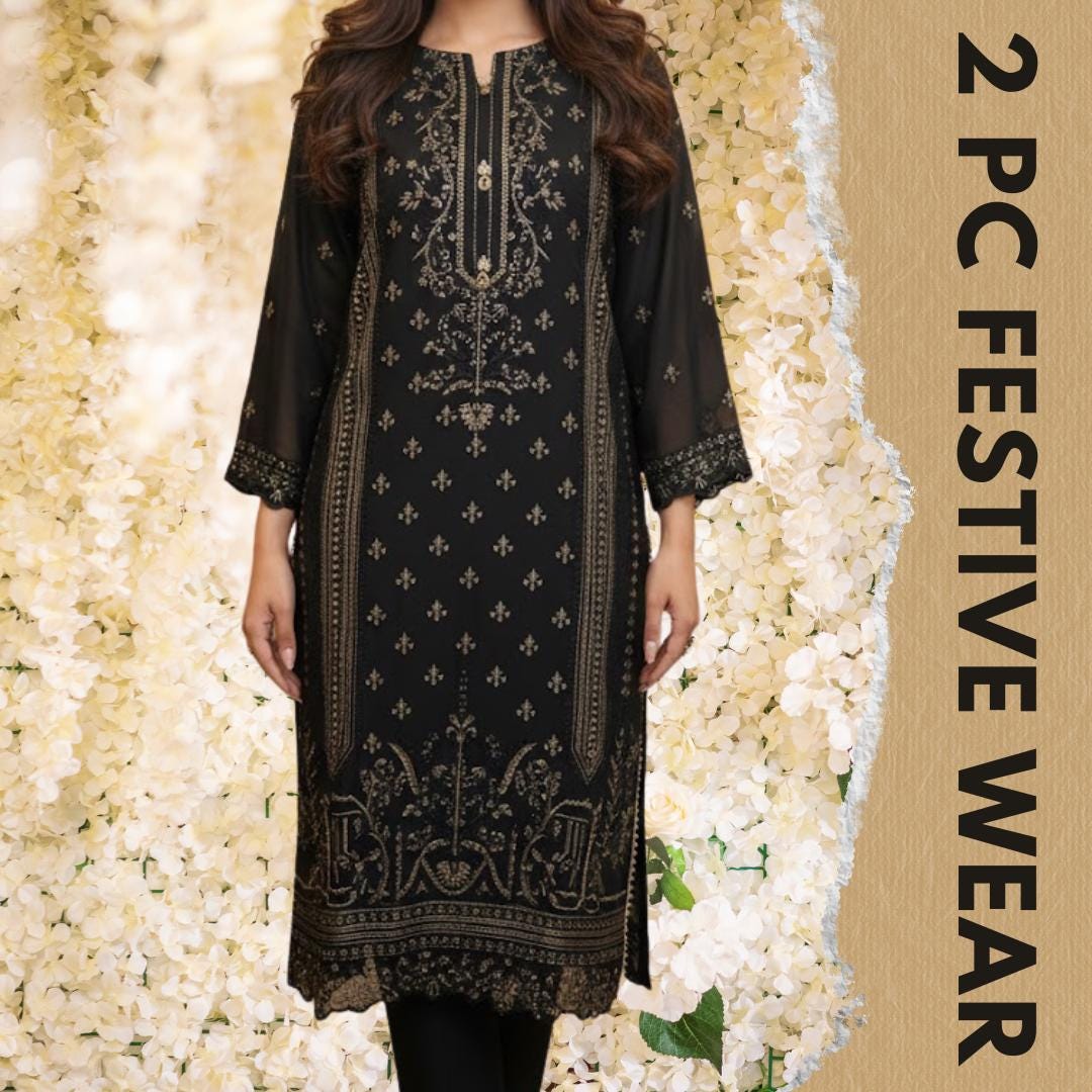 2 Pc Black Embroidered Chiffon Formal Wedding Suit | Pakistani Wedding Dress | Luxury Sequin Outfit | Festive Wear