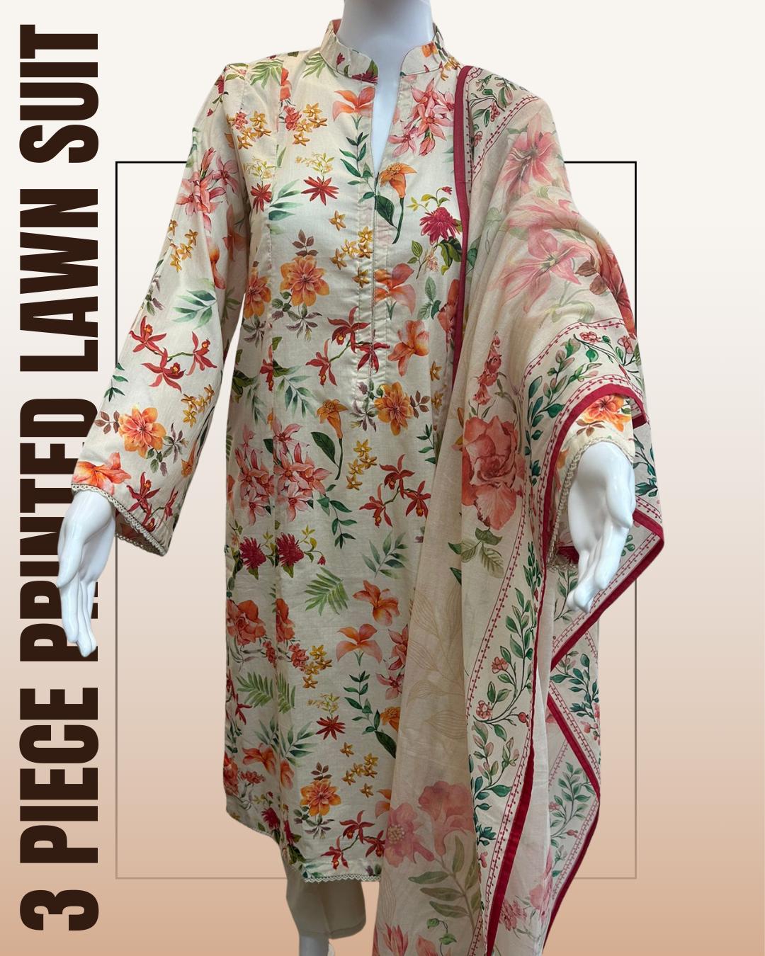 Printed Lawn 3 Piece Suit | Shirt, Dupatta & Trouser Beige With Turquoise and Lilac Palette