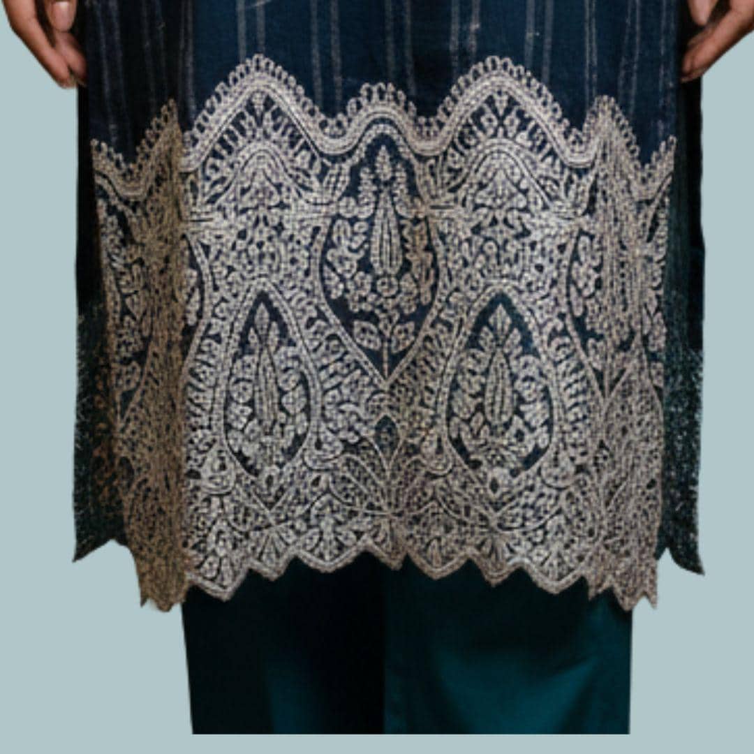 Teal Embroidered Pakistani 3 Piece Kurta Set for Women | Elegant Long Kurta with White Lace Hem | South Asian Formal Wear