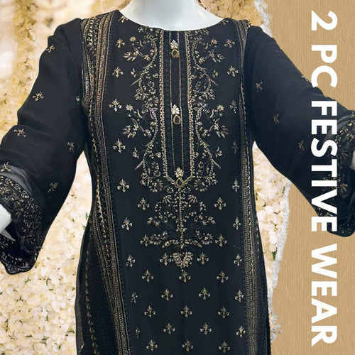 2 Pc Black Embroidered Chiffon Formal Wedding Suit | Pakistani Wedding Dress | Luxury Sequin Outfit | Festive Wear