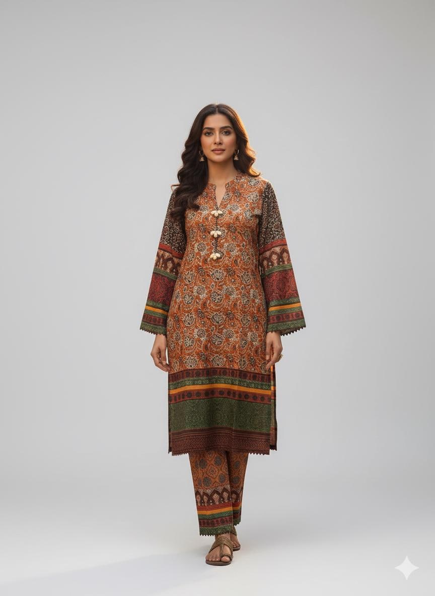 Rust Printed Pakistani 2 Piece Suit for Women – Traditional Salwar Kameez | Ethnic Indian Dress, Eid Outfit