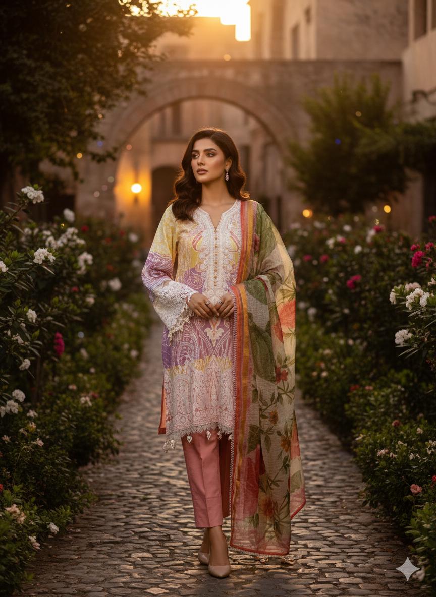 Pastel Printed Pakistani 3 Piece Suit for Women – Floral Salwar Kameez with Dupatta – Eid Outfit, Indian Ethnic Wear