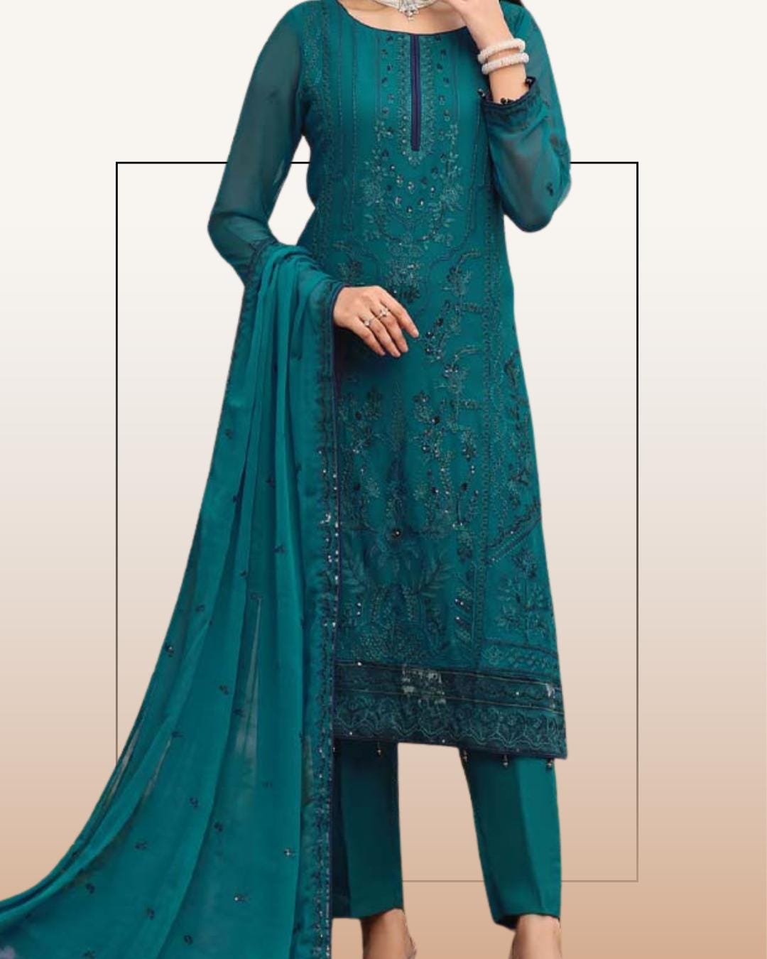 Deep Teal Blue Embroidered Chiffon Suit | Pakistani Formal Dress with Dupatta | Elegant Evening Wear | Festive & Semi-Formal Outfit