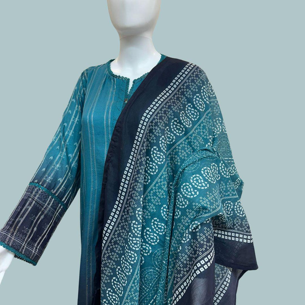 Teal Embroidered Pakistani 3 Piece Kurta Set for Women | Elegant Long Kurta with White Lace Hem | South Asian Formal Wear