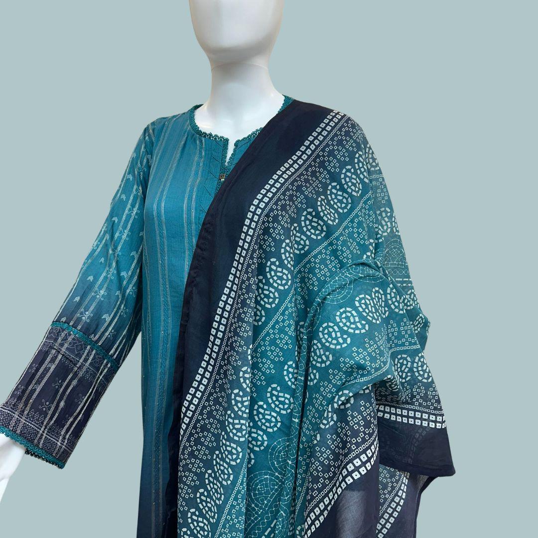 Teal Embroidered Pakistani 3 Piece Kurta Set for Women | Elegant Long Kurta with White Lace Hem | South Asian Formal Wear