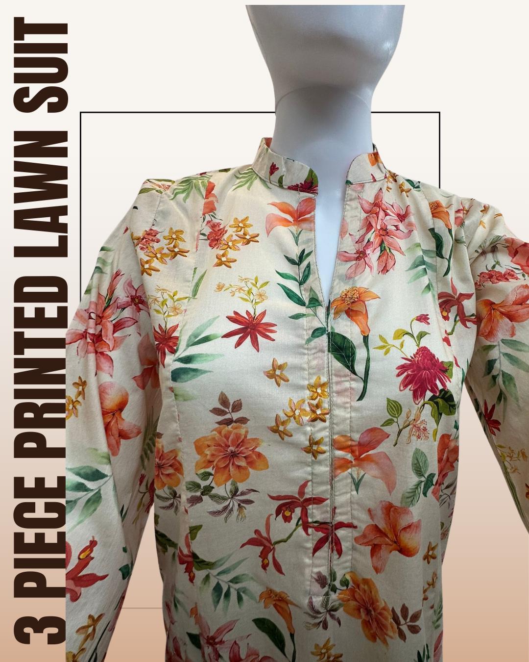 Printed Lawn 3 Piece Suit | Shirt, Dupatta & Trouser Beige With Turquoise and Lilac Palette