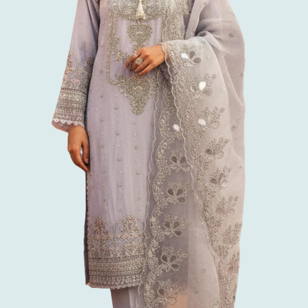 Pakistani Chiffon 3 Piece Suit | Embroidered Shirt with Organza Dupatta | Ready to Wear Salwar Kameez for Women