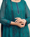 Deep Teal Blue Embroidered Chiffon Suit | Pakistani Formal Dress with Dupatta | Elegant Evening Wear | Festive & Semi-Formal Outfit