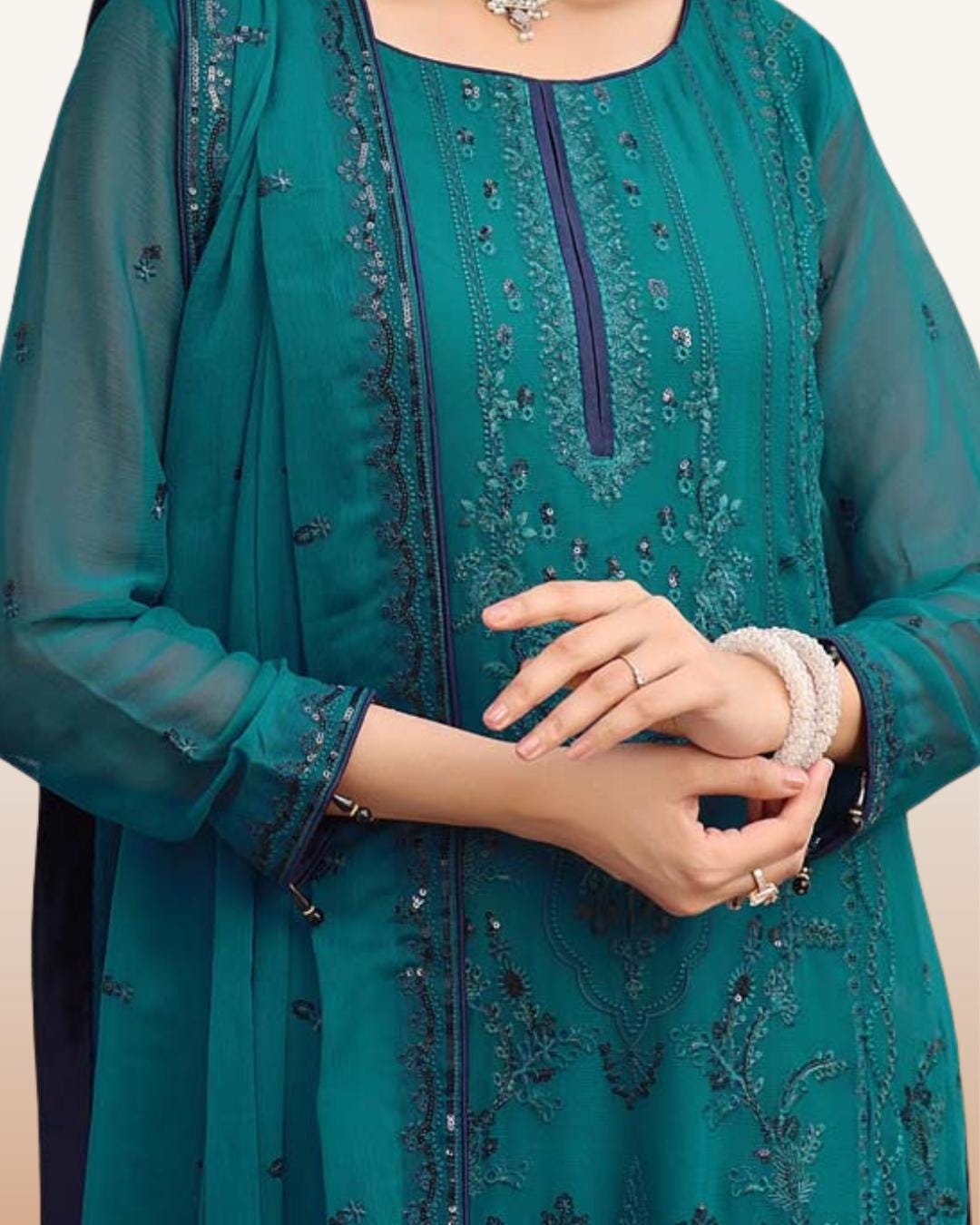 Deep Teal Blue Embroidered Chiffon Suit | Pakistani Formal Dress with Dupatta | Elegant Evening Wear | Festive & Semi-Formal Outfit