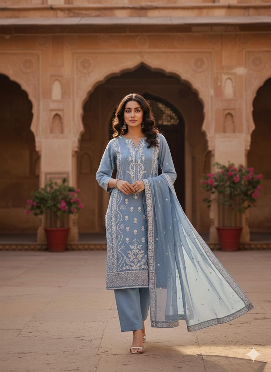 Light Blue Chiffon 3 Piece Suit | Shirt with Dupatta | Ready to Wear Pakistani Dress | Embroidered Formal Salwar Kameez for Women