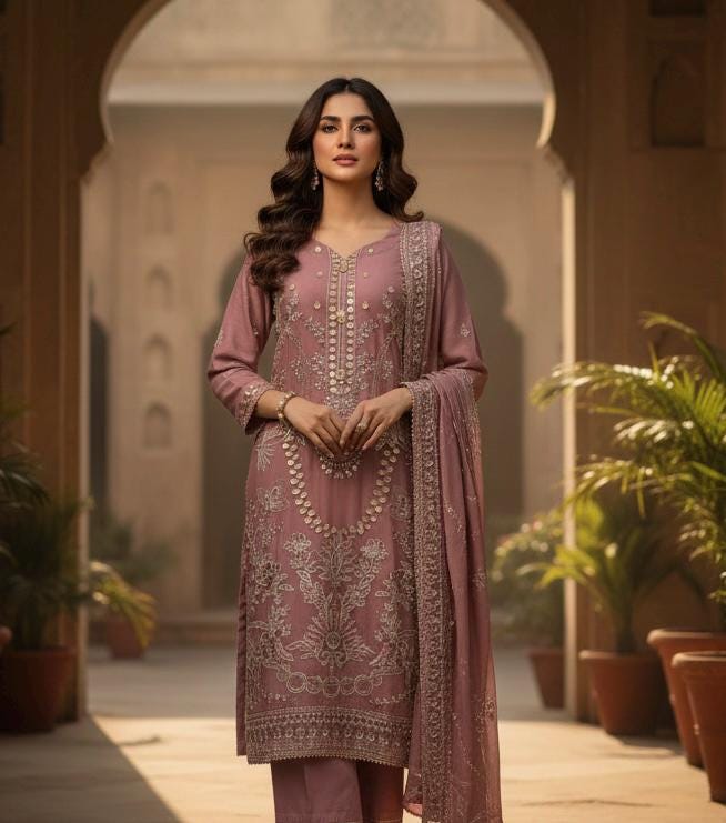 Tea Pink Chiffon 3 Piece Suit | Embroidered Shirt with Dupatta | Ready to Wear Pakistani Dress | Embroidered Formal Salwar Kameez for Women