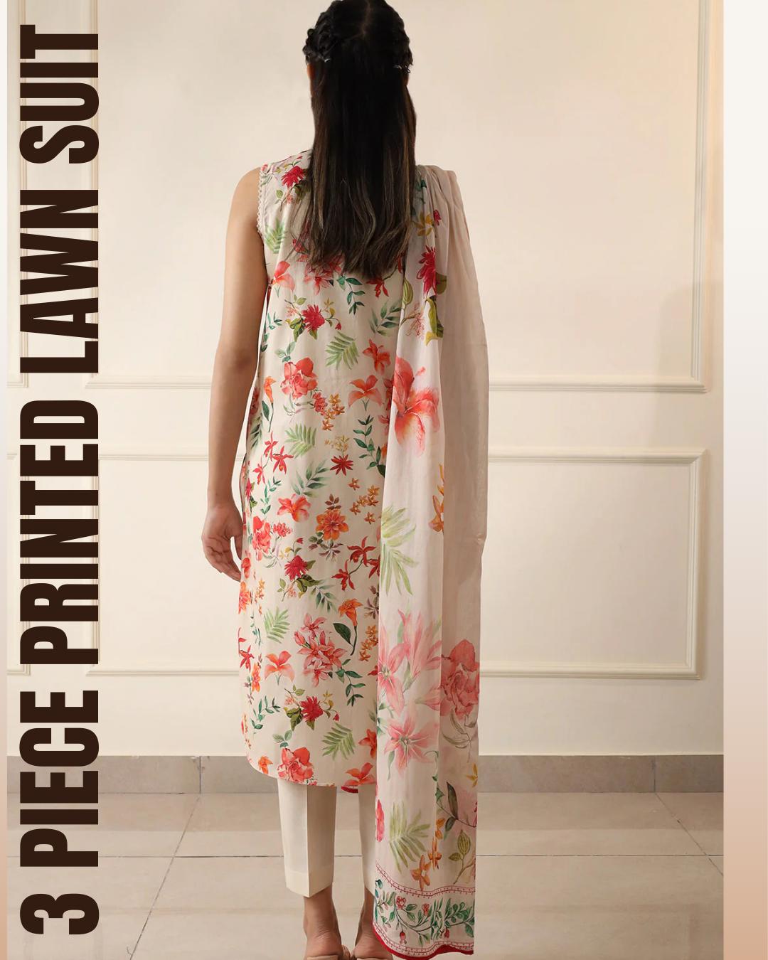 Printed Lawn 3 Piece Suit | Shirt, Dupatta & Trouser Beige With Turquoise and Lilac Palette