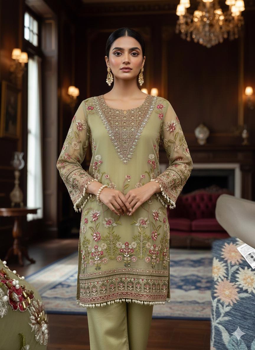 Sage Green Embroidered Pakistani 3 Piece Suit – Luxury Salwar Kameez with Dupatta – Eid Outfit, Wedding Guest Dress