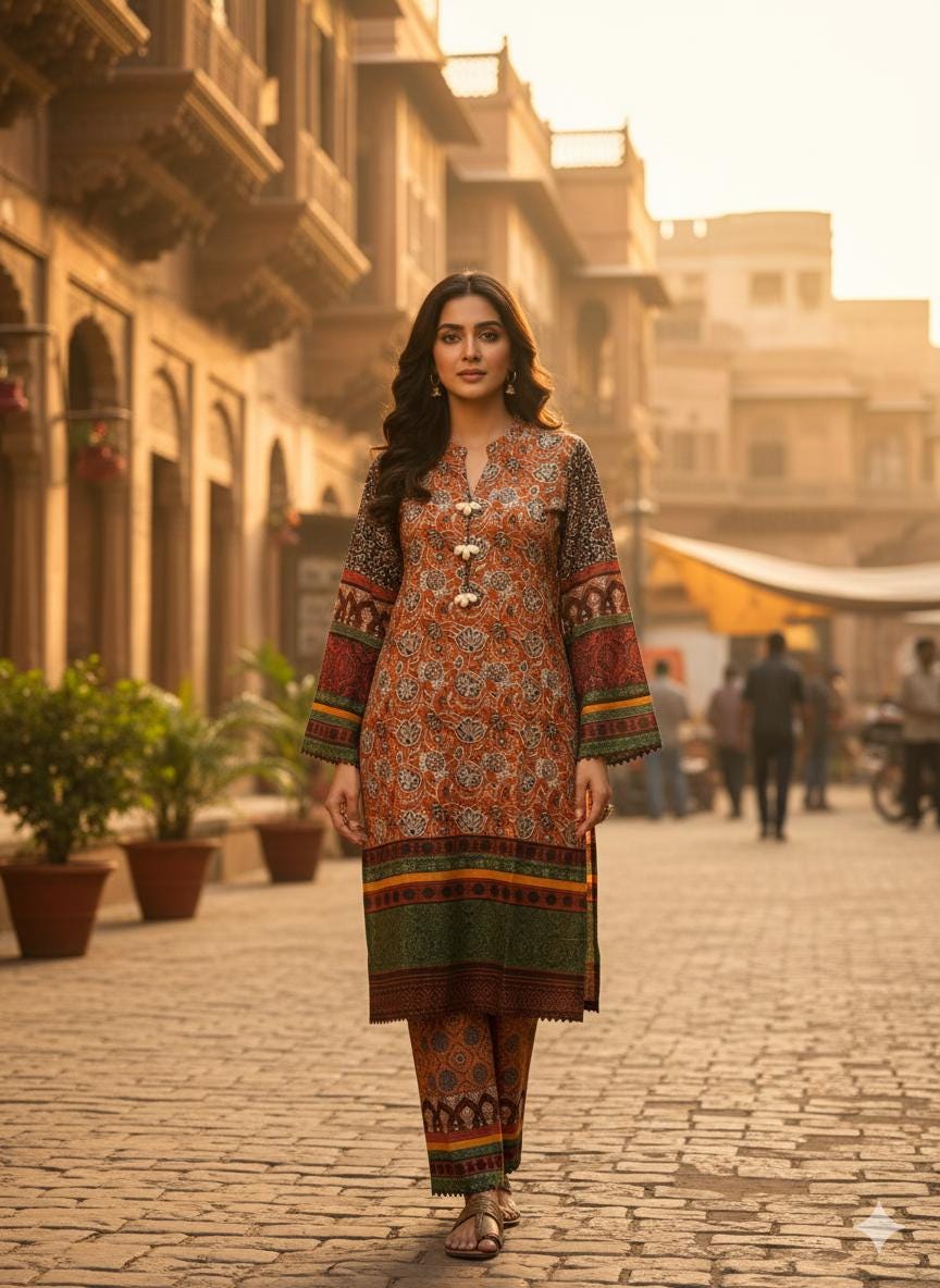 Rust Printed Pakistani 2 Piece Suit for Women – Traditional Salwar Kameez | Ethnic Indian Dress, Eid Outfit