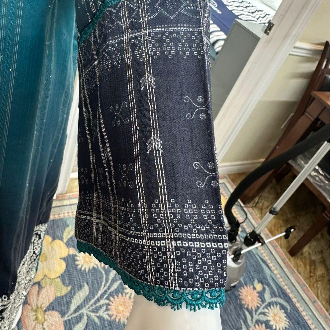Teal Embroidered Pakistani 3 Piece Kurta Set for Women | Elegant Long Kurta with White Lace Hem | South Asian Formal Wear