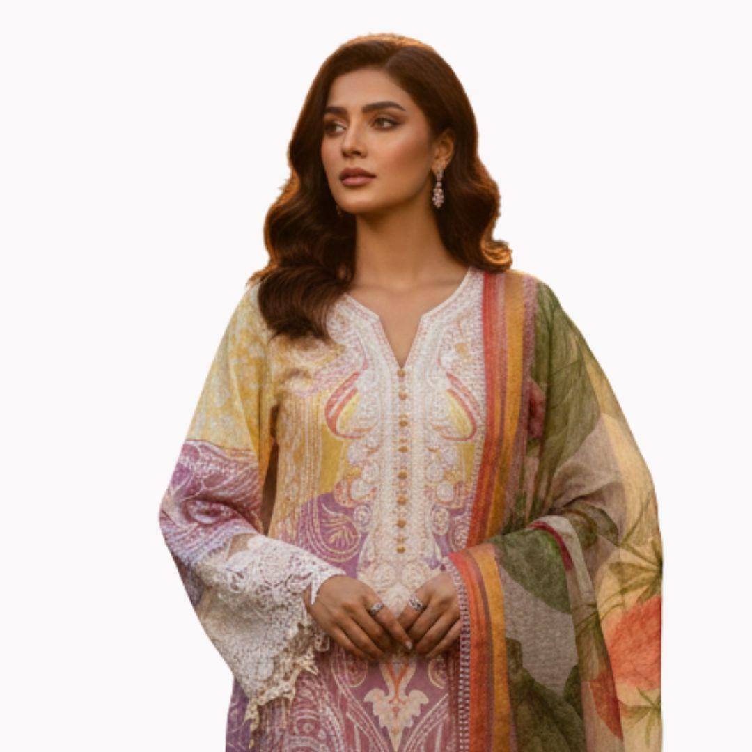 Pastel Printed Pakistani 3 Piece Suit for Women – Floral Salwar Kameez with Dupatta – Eid Outfit, Indian Ethnic Wear