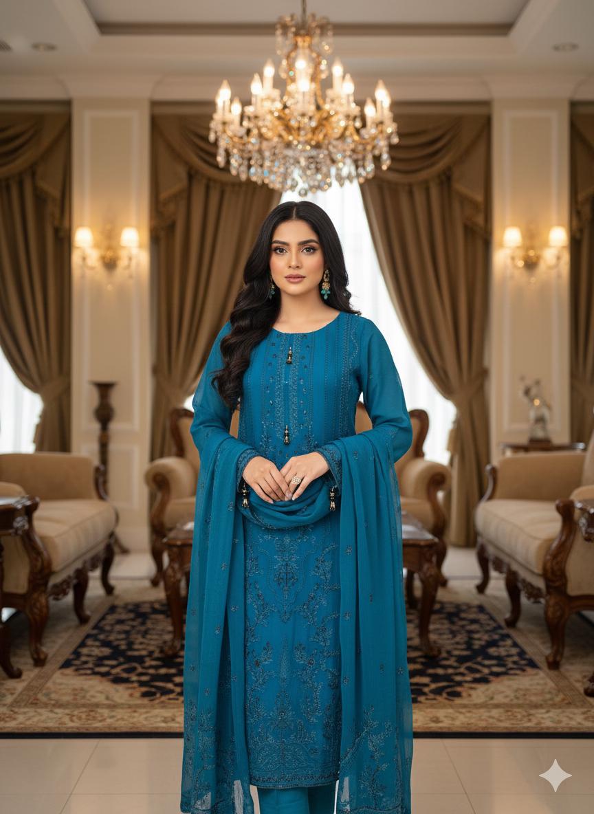 Deep Teal Blue Embroidered Chiffon Suit | Pakistani Formal Dress with Dupatta | Elegant Evening Wear | Festive & Semi-Formal Outfit