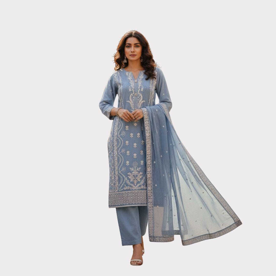 Light Blue Chiffon 3 Piece Suit | Shirt with Dupatta | Ready to Wear Pakistani Dress | Embroidered Formal Salwar Kameez for Women